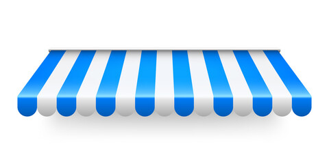 Blue shop sunshade isolated on white background. Realistic striped cafe awning. Outdoor market tent. Roof canopy. Summer street store. Vector illustration.