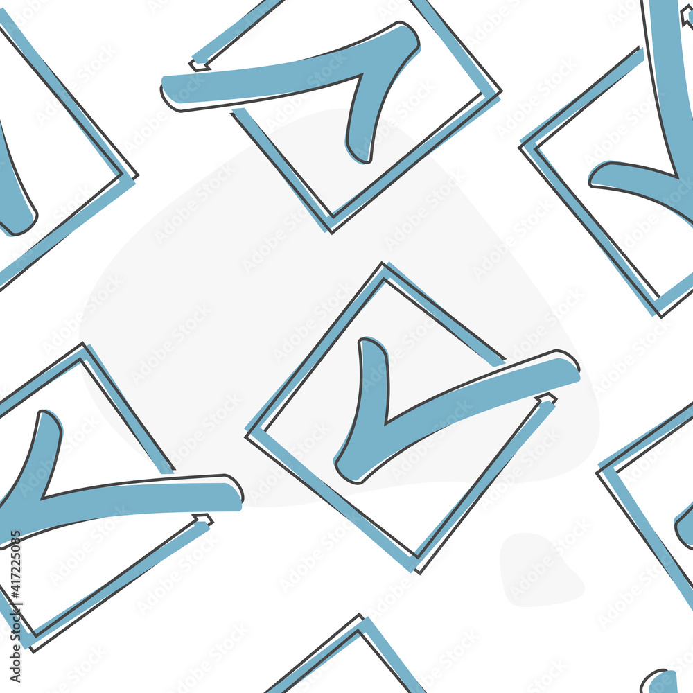 Poster vector check mark icon cartoon style on seamless pattern on a white background.