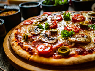 Pizza with champignons, ham, tomatoes, olives, parmesan and mozzarella  on wooden background
