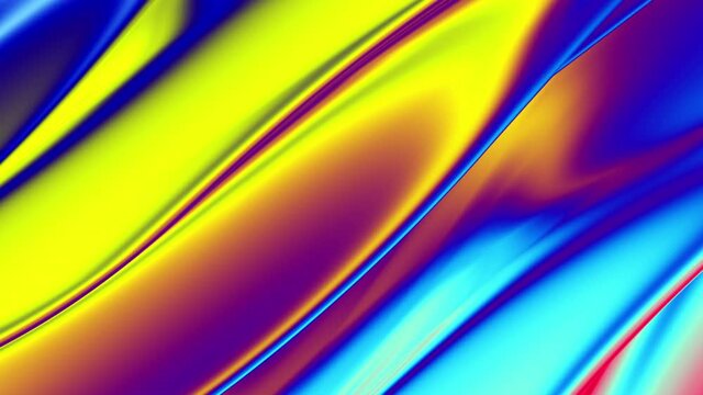 Abstract colorful wavy background in bright blue, orange, green and red color. Halographic gradient. Multicolor metallic surface. Modern colorful wallpaper. Seamless loop animation. 3d rendering.