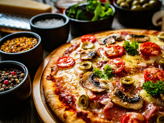 Pizza with champignons, ham, tomatoes, olives, parmesan and mozzarella  on wooden background
