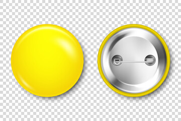 Realistic yellow blank badge isolated on transparent background. Glossy 3D round button. Pin badge, brooch mockup for product promotion and advertising. Vector illustration.