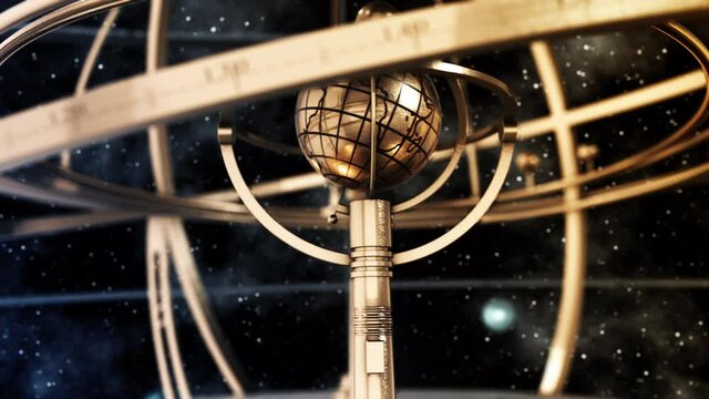 Armillary Sphere And Zodiac Astrology Signs. 4K. 3D Animation. UHD. 3840x2160.