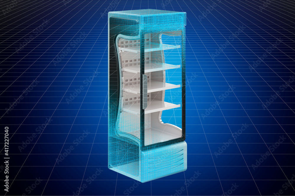 Poster visualization 3d cad model of refrigerated display case, showcase, blueprint. 3d rendering