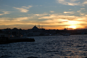 Istanbul (Turkey). Night cruise on the Bosphorus. Golden Horn. Sunset.