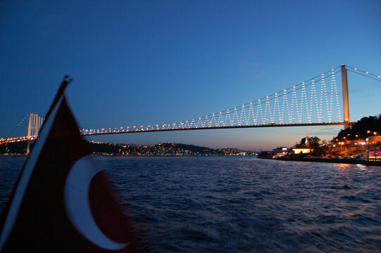 Istanbul (Turkey). Night cruise on the Bosphorus. Golden Horn. Sunset.