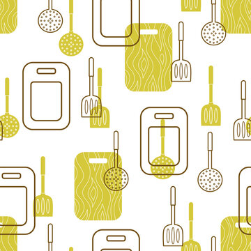 colored seamless pattern with kitchen utensils, vector illustration