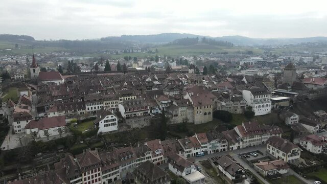 Drone footage of the old town of Morat, Switzerland. 