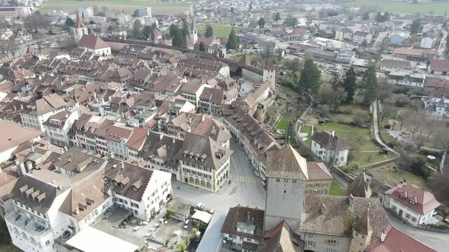 Drone footage of the old town of Morat, Switzerland. 