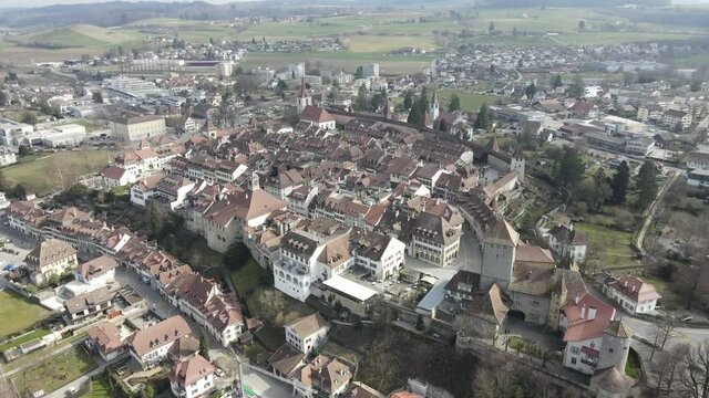 Drone footage of the old town of Morat, Switzerland. 