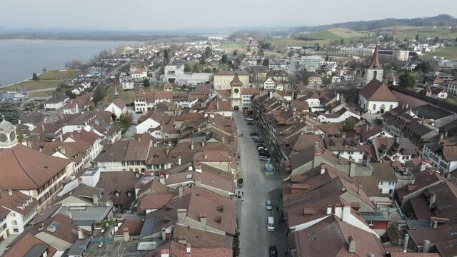 Drone footage of the old town of Morat, Switzerland. 