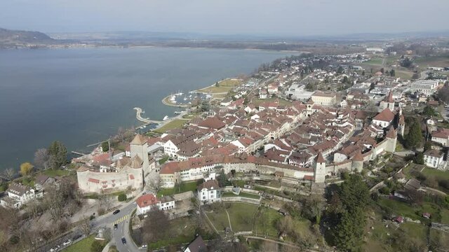 Drone footage of the old town of Morat, Switzerland. 