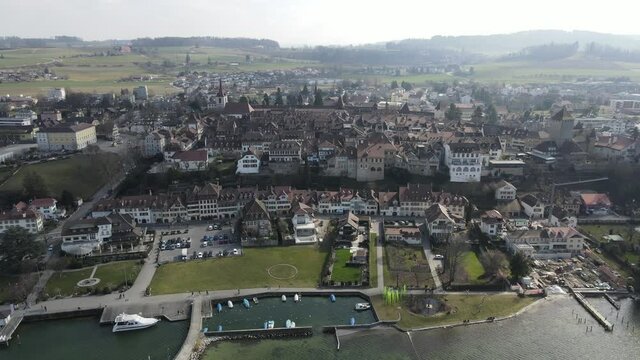 Drone footage of the old town of Morat, Switzerland. 