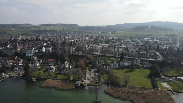 Drone footage of the old town of Morat, Switzerland. 