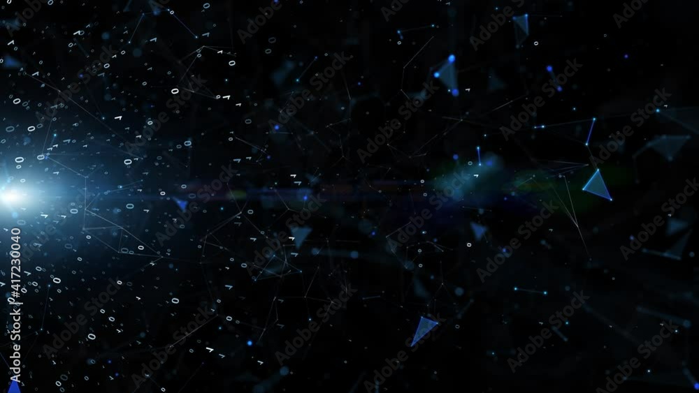 Poster dark binary data cyberspace with shining star and glowing geometric particles