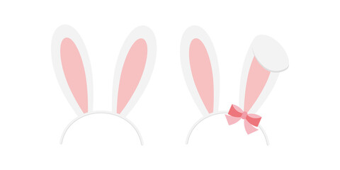 Easter bunny rabbit ears headband vector icon set isolated on white background. Cute girl and boy hair band mask illustration. Flat cartoon easter card design element. Spring hare ear hair accessory.