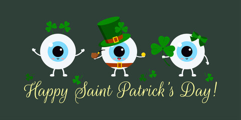 St Patrick cute eye balls on doctor greeting card. Ophthalmology eyeball irish character with shamrock, in leprechaun hat with coin. Flat cartoon vector Happy paddy's day illustration.