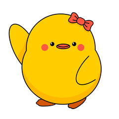 Cute smiling little chick girl waving her wing. Kawaii character for Easter and other designs. Vector illustration isolated on white.