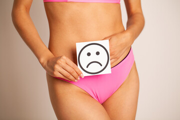 Woman Health, Female Body Holding Sad Smile Card Near Stomach.