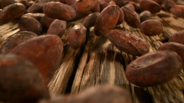 Super slow motion of falling group of cocoa beans on wood, camera follow. Filmed on high speed cinema camera, 1000fps.