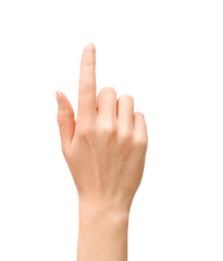 female hand pointing upwards on isolated white background