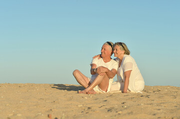 Fototapeta na wymiar Happy elderly couple sitting on tropical beach