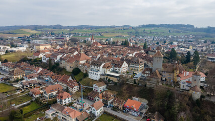 aerial, aerial view, ancient, architecture, building, canton, church, city, cityscape, europe, european, fortification, freiburg, heritage, historic, historical, history, house, lake, lake morat, land