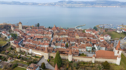 aerial, aerial view, ancient, architecture, building, canton, church, city, cityscape, europe, european, fortification, freiburg, heritage, historic, historical, history, house, lake, lake morat, land