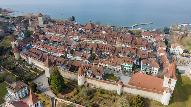 aerial, aerial view, ancient, architecture, building, canton, church, city, cityscape, europe, european, fortification, freiburg, heritage, historic, historical, history, house, lake, lake morat, land