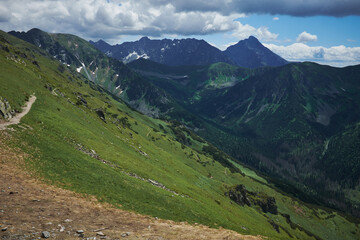 Scenic panoramic view of mountains landscape with blooming meadows