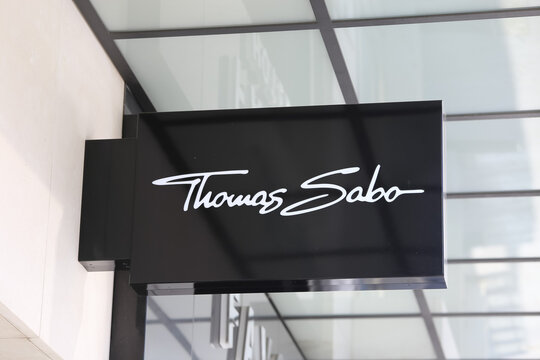 D&uuml;sseldorf, Germany - February 9. 2021: View on sign with logo lettering of thomas sabo jewellery at store front