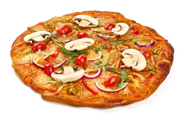 Pizza capricciosa, pizza with mushrooms and olives, isolated on white background. High resolution image