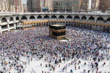 Tawaf. Crowd of pilgrims circumambulate around Kaaba. Saudi Arabia - Mecca