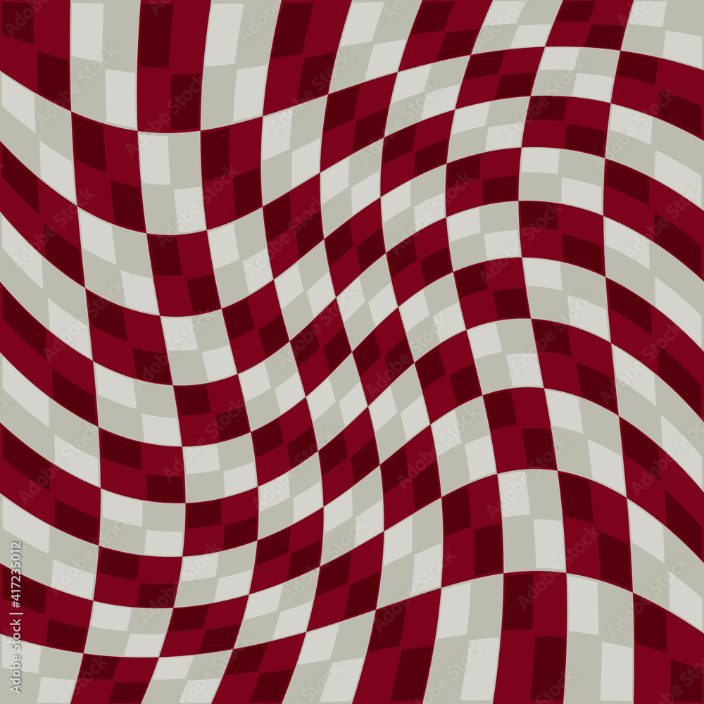 Poster Raspberries Tile Pattern. Chess red and white squares. Wavy chess red and white pattern.