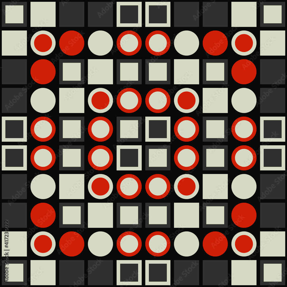 Poster Red and white color pattern. Vector squares and circles vector.
