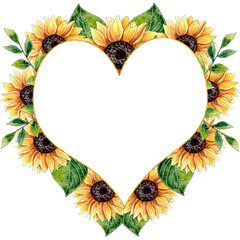 Watercolor Sunflower Heart Shaped Frame. Perfect for wedding invitation, greeting card, branding, textile, wallpaper, ceramics, web design, cosmetic, social media and other.