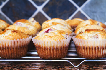 Freshly baked homemade rhubarb muffins; Three muffins wrapped in a tea towel