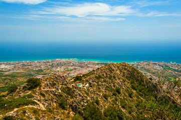 Fototapeta na wymiar Panoramic view of the town of Benalmadena and Costa del Sol coastline, Malaga Province, Spain