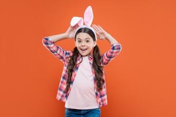 happy teen girl wear bunny ears. happy easter. childhood happiness. child in rabbit costume.