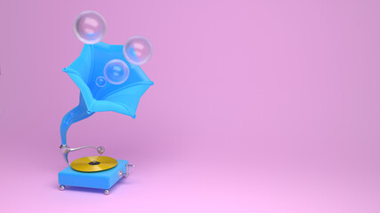 A funny, capricious blue phonograph plays with transparent bubbles. Cheerful image in pastel colors, looped, additionally containing a depth channel.