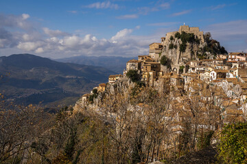 View of Cervara di Roma from mountain road in Italy