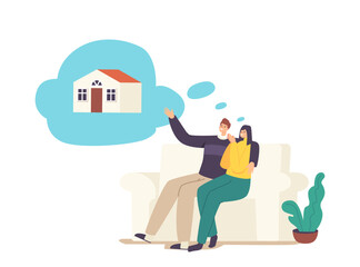 People Dream of Real Estate. Young Married Couple Characters on Sofa Dreaming of Family House. Cherished Desire