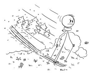 Man skiing on snow, while winter ended and spring begins, man skying on grass. Vector cartoon stick figure or character illustration.