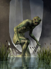 The Lizard Man of Scape Ore Swamp, also called the Lizard Man of Lee County, a bit of Southern folklore, a cryptid with sightings dating to the 1980s. 3D Rendering.
