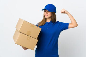 Young delivery woman over isolated white background doing strong gesture