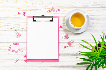 Modern office desktop with plant in a pot, cup of aromatic tea and bright pink stationery set on rustic white background. Business and education concept. Copy space for your text.