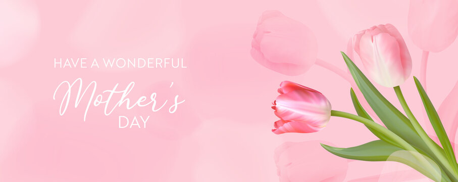 Best mothers day template banner. Vector floral illustration. Spring tulip flowers greeting design
