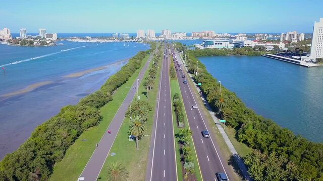 Beach Road. Aerial view on Ocean or shore Gulf of Mexico. Spring break or Summer vacations in Florida. Hotels, restaurants and Resorts. Blue color water. Clearwater Beach FL. United States of America