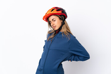 Young hispanic cyclist woman isolated on white background suffering from backache for having made an effort