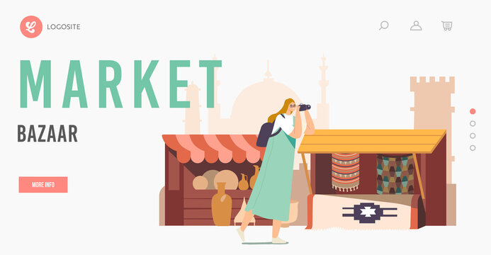 Arabic Bazaar Landing Page Template. Tourists Female Character with Photo Camera Visit Arab Market Walking along Stalls